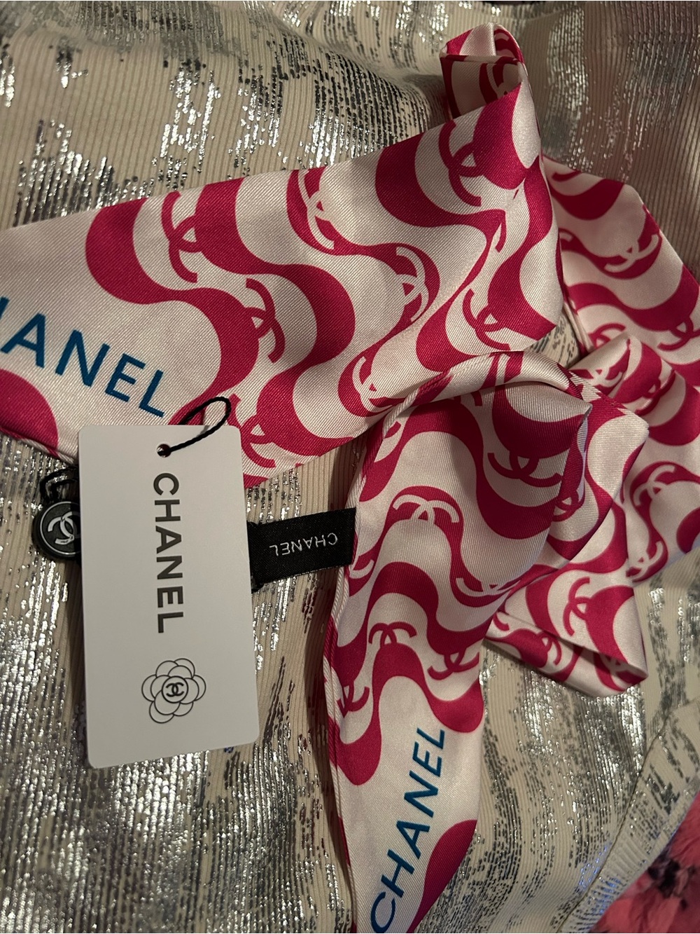 CHANEL Pink and White Printed 100% Silk Twilly Scarf Stunning